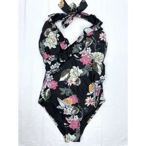 Modcloth Women MEDIUM Black Floral One Piece Swimsuit Halter Ties Ruffle